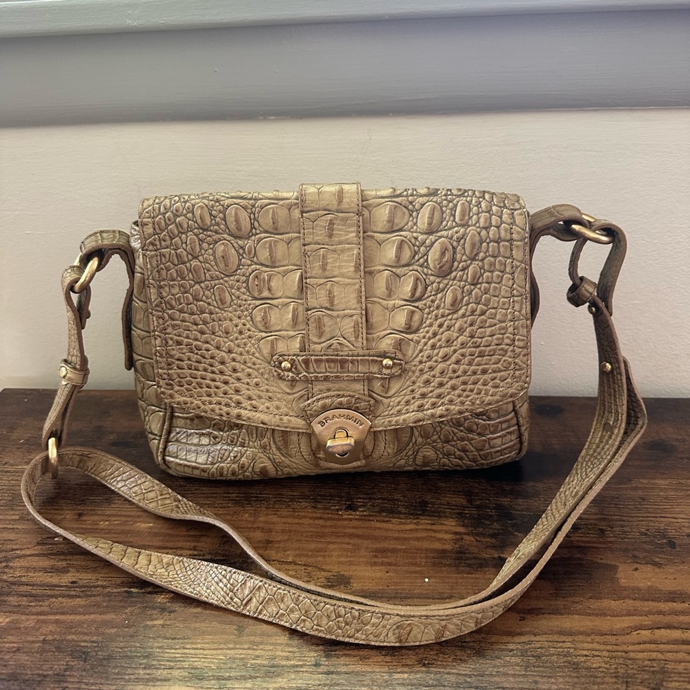 Brahmin toasted almond leather twist latch shoulder bag